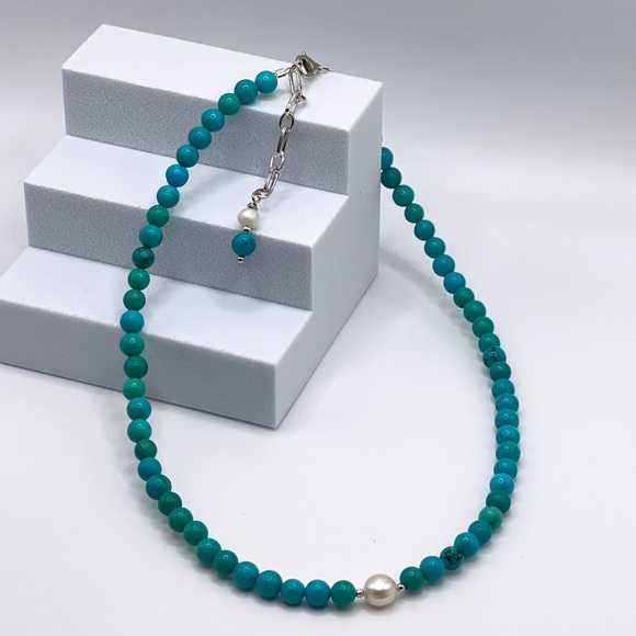 Genuine Turquoise & Freshwater Pearl Necklace - Picture 6 of 10